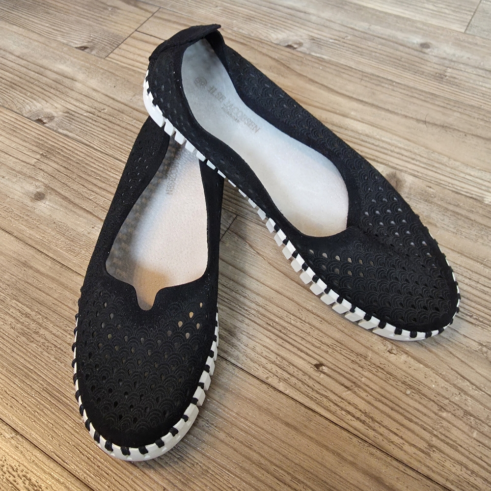 Ilse Jacobsen Black Laser-Cut Slip-On Flats with White Trim - Picture 2 of 8